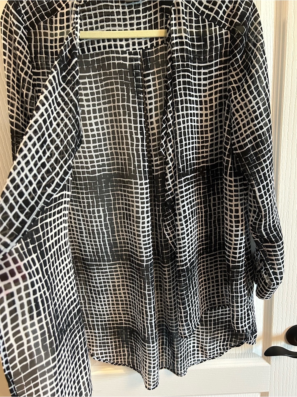 Lightweight Open-Front Grid Print Cardigan - Black/White - Picture 3 of 5